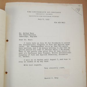 Urey, Harold | Archive of correspondence with astronomer Arthur Beer