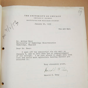 Urey, Harold | Archive of correspondence with astronomer Arthur Beer